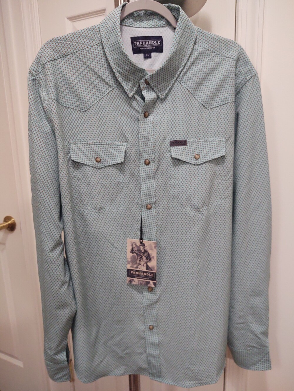 Panhandle Performance Men's Western Shirt - Mint Blue Geometric Pattern XL
